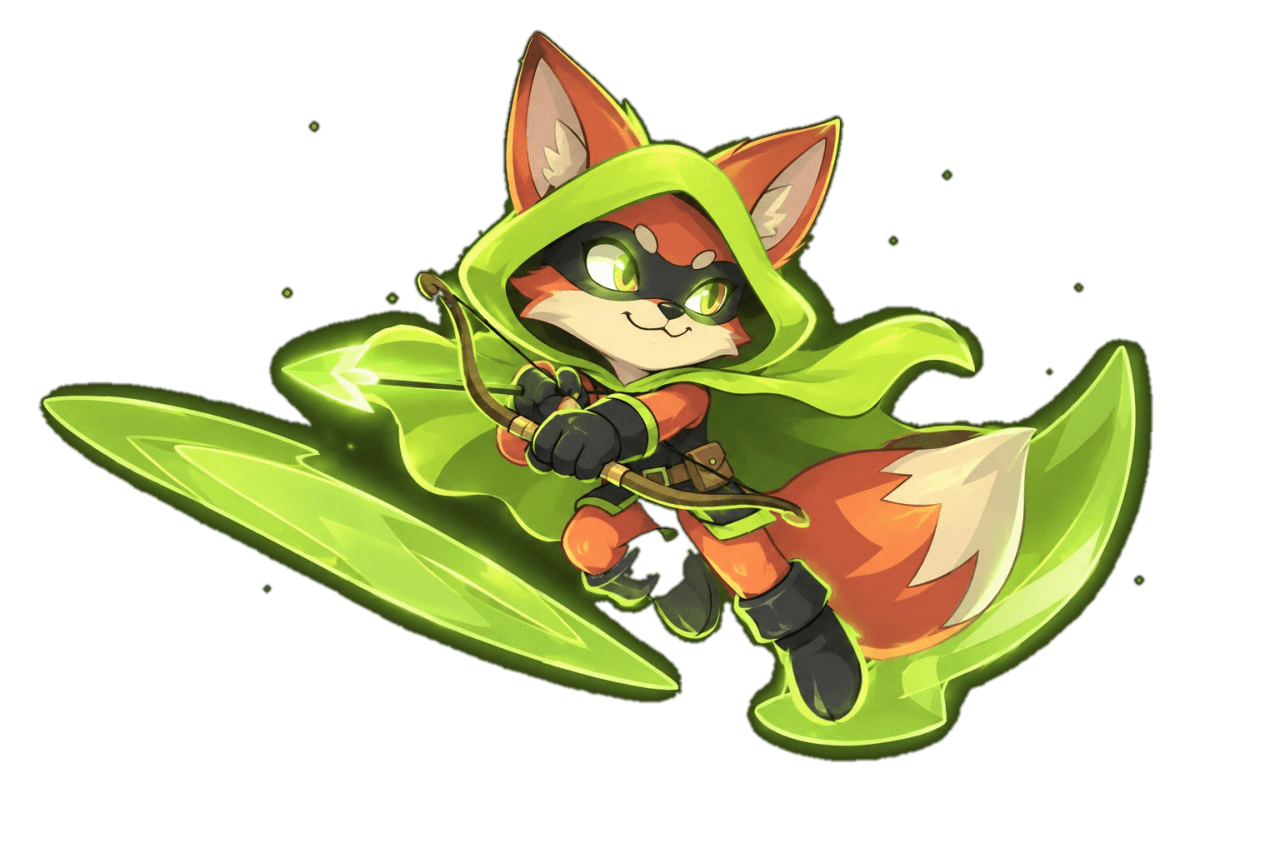 Robin, the fox archer of Sherwood, drawing his bow in mid-flight